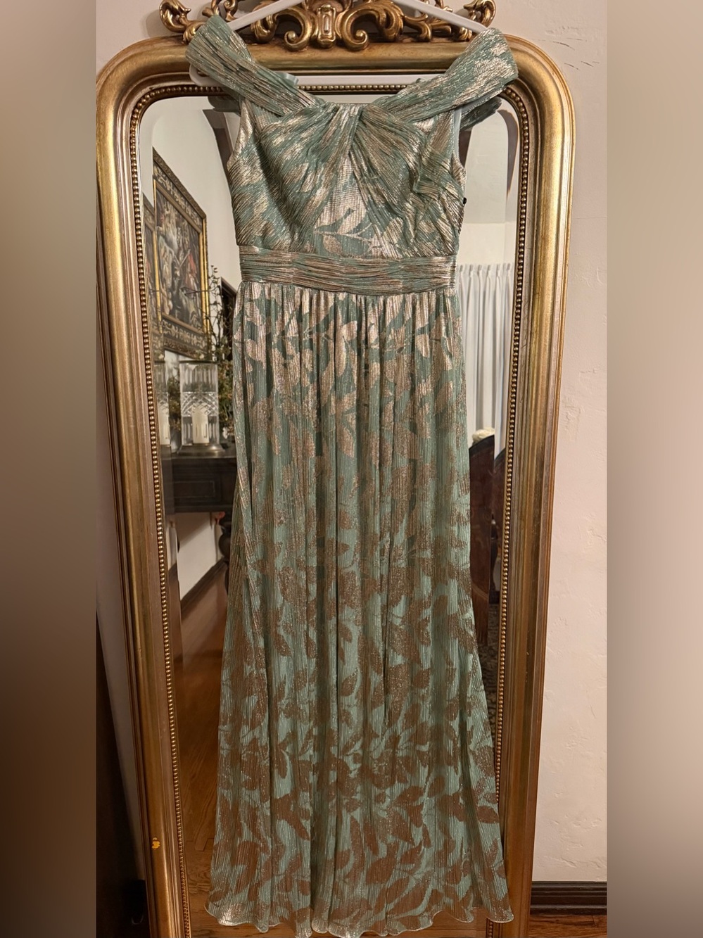 Adrianna Papell Leaf Print Off-The-Shoulder Foiled Knit A-Line Gown Dress - Picture 6 of 12
